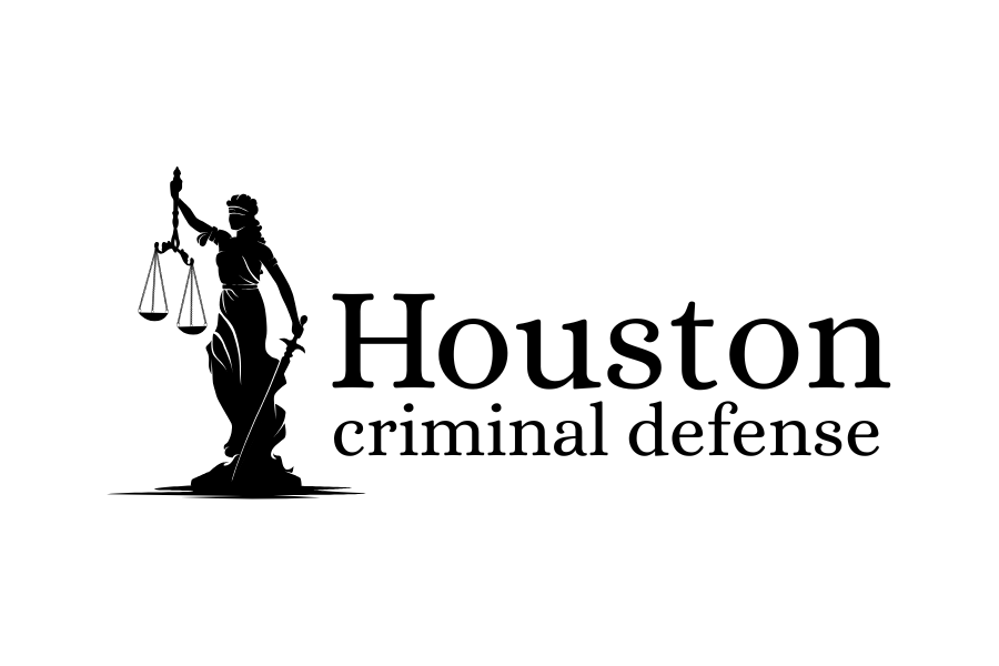 The logo for a Houston criminal defense law firm. On the left is a detailed black silhouette of the full Lady Justice statue, who is blindfolded and holding the scales of justice and a sword. To the right of the icon, the word "Houston" is written in a large, classic black serif font, with the words "criminal defense" in a smaller, lowercase sans-serif font below. The entire design is displayed on a dark green background.