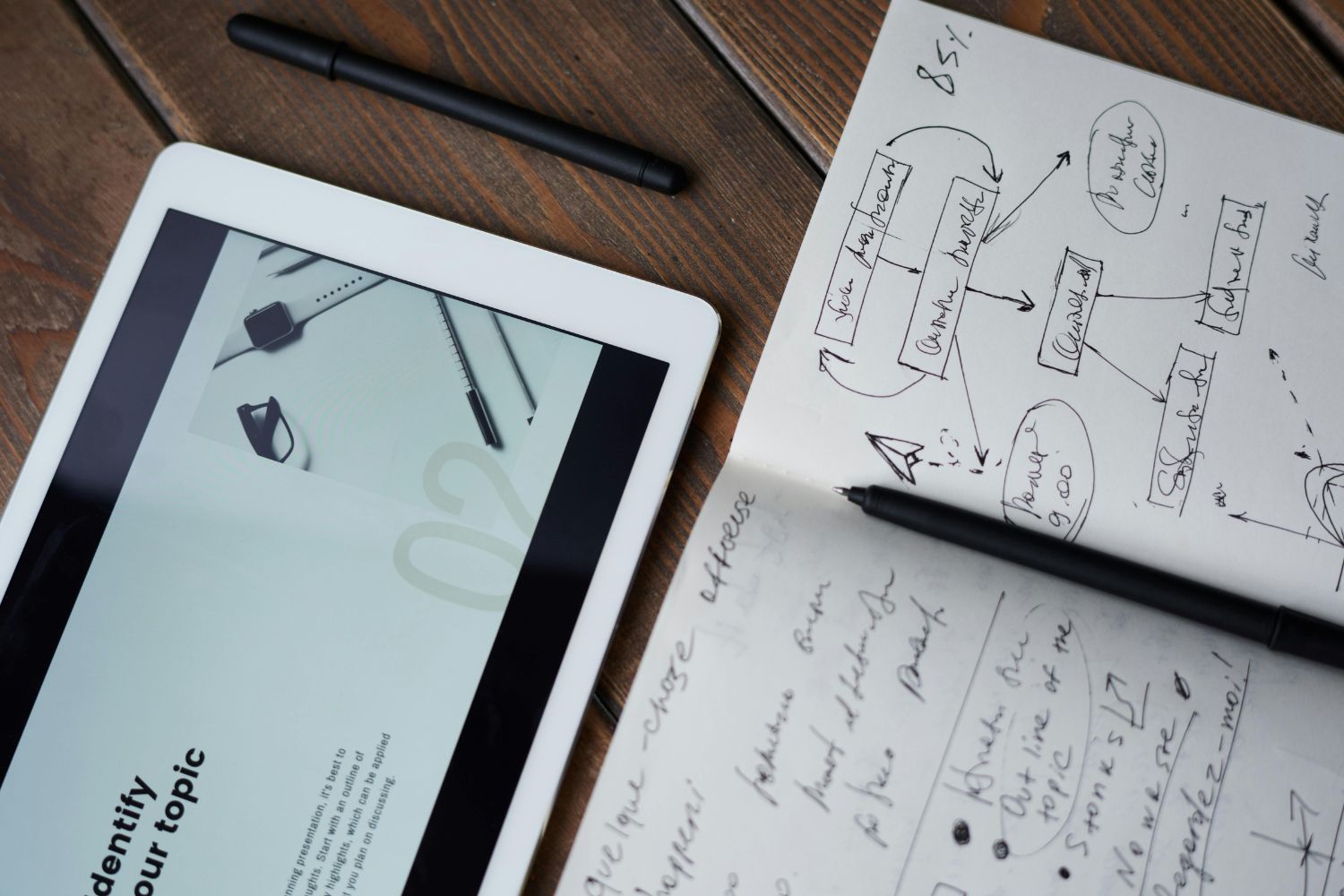 A strategic workspace illustrating the Firm Heartbeat experience in action. A notebook with a hand-drawn flowchart is used to diagnose and map a law firm's current intake process, while a tablet beside it displays the final, polished presentation of the new, repaired system. This represents our hands-on approach to process design and implementation.