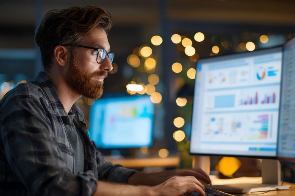 A law firm leader with a beard and glasses analyzing a dashboard of performance reports and intake KPIs on his computer at night. This represents the data-driven clarity and strategic insight gained from the sales and intake systems installed by the Firm Heartbeat experience.