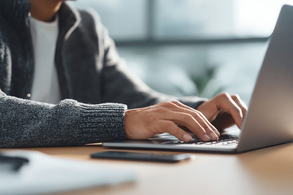 A close-up of a professional's hands typing on a laptop, representing the implementation of an efficient law firm intake system. This action symbolizes the crucial data management, CRM updates, and process documentation that are central to the Firm Heartbeat experience.