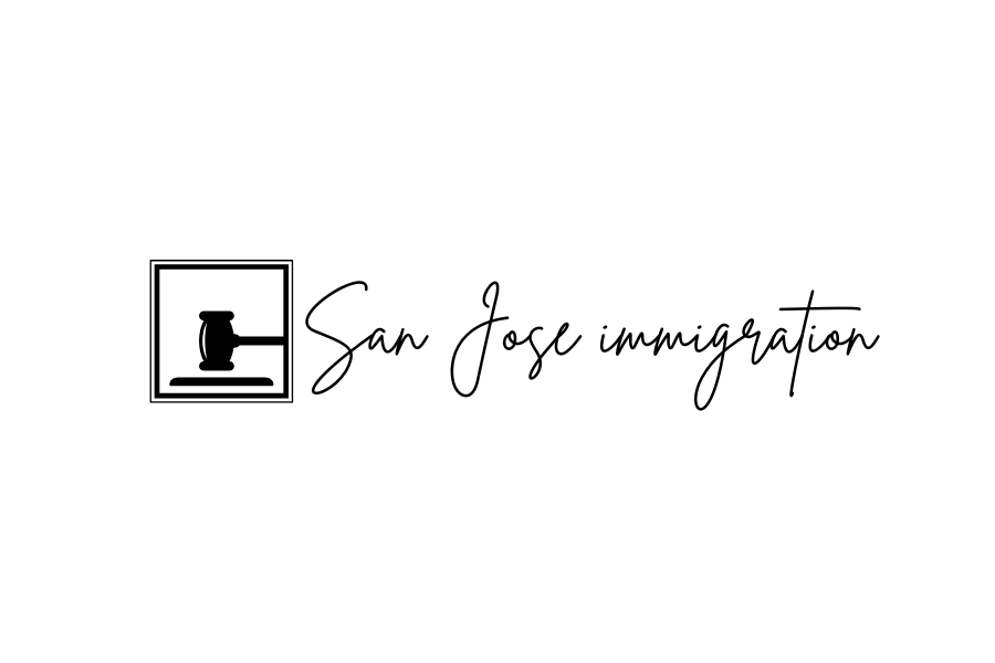 The logo for a San Jose immigration law firm, presented in black on a dark green background. On the left is a modern icon of a judge's gavel enclosed within a double square border. To the right of the icon, the words "San Jose immigration" are written in a single line using an elegant, lowercase, handwritten script font.