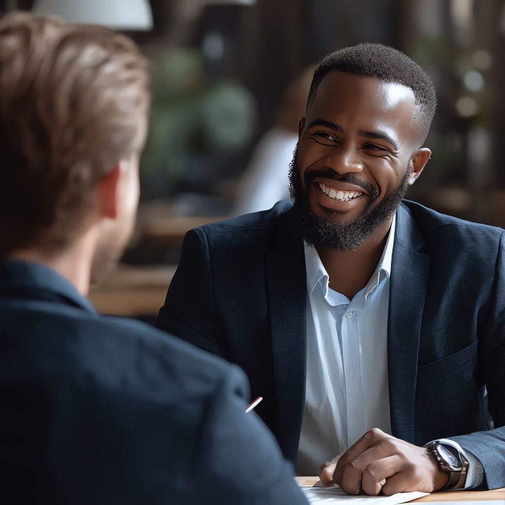 A professional, eye-level photograph captures a warm interaction between two men in a business consultation. The focus is on a smiling Black man with a neat beard and short hair, dressed in a dark blue suit jacket over a light blue dress shirt. He leans forward slightly, his expression open and friendly as he engages with the person across from him. In the blurred foreground, the back and shoulder of a white man with light brown hair are visible. The setting is a contemporary office or co-working space, with soft lighting and an out-of-focus background, emphasizing the positive and collaborative atmosphere of the meeting.