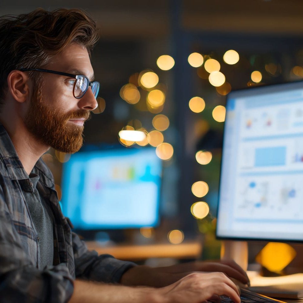 A law firm leader with a beard and glasses analyzing a dashboard of performance reports and intake KPIs on his computer at night. This represents the data-driven clarity and strategic insight gained from the sales and intake systems installed by the Firm Heartbeat experience.